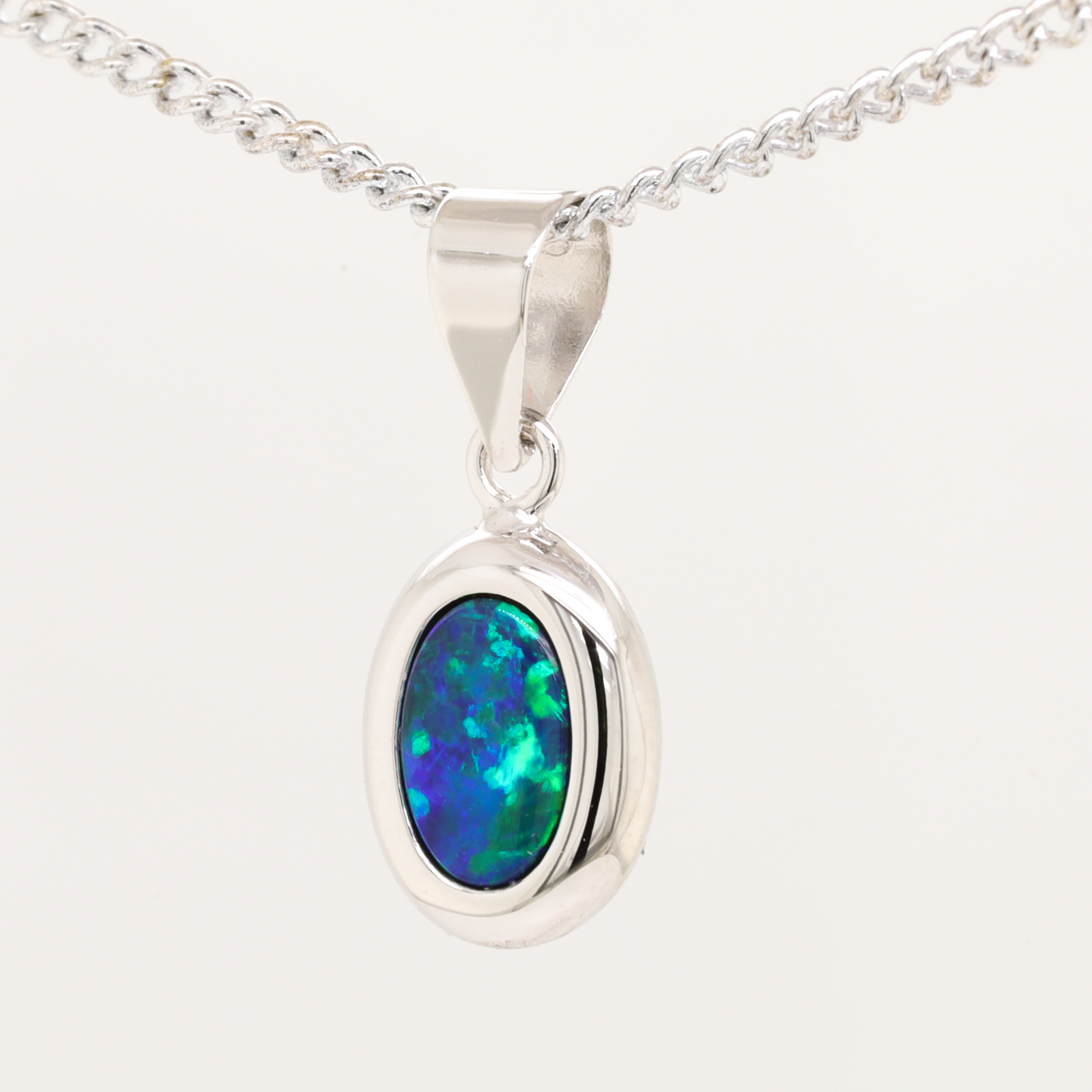 White Gold Blue Green Australian Doublet Opal Necklace Pendant