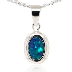 White Gold Blue Green Australian Doublet Opal Necklace Pendant