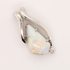 White Gold Blue Green Solid Australian Crystal Opal Diamond Necklace Pendant