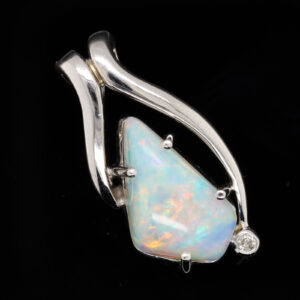 White Gold Blue Green Solid Australian Crystal Opal Diamond Necklace Pendant