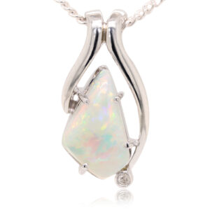 White Gold Blue Green Solid Australian Crystal Opal Diamond Necklace Pendant