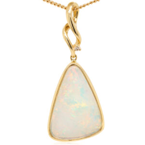 Blue Green and Pink Yellow Gold Solid Australian Crystal Opal Necklace Pendant with Diamond