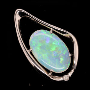 White Gold Blue Green Solid Australian Crystal Opal Diamond Necklace Pendant