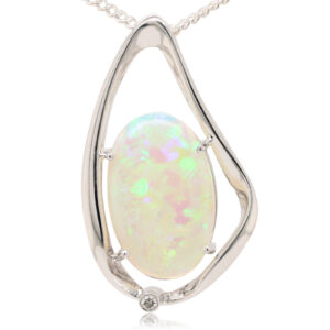 White Gold Blue Green Solid Australian Crystal Opal Diamond Necklace Pendant