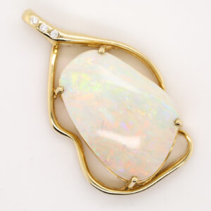 Blue Green and Pink Yellow Gold Solid Australian Crystal Opal Necklace Pendant with Diamonds