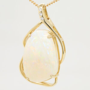 Blue Green and Pink Yellow Gold Solid Australian Crystal Opal Necklace Pendant with Diamonds