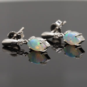 Blue Green White Gold Solid Australian Crystal Opal Diamond Drop Earrings