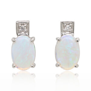 Blue Green White Gold Solid Australian Crystal Opal Diamond Stud Earrings