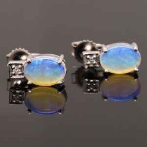 Blue Green White Gold Solid Australian Crystal Opal Diamond Stud Earrings