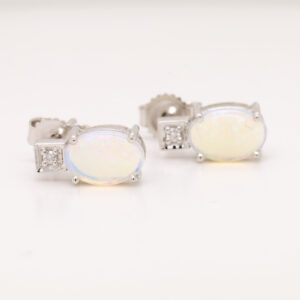 Blue Green White Gold Solid Australian Crystal Opal Diamond Stud Earrings