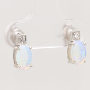 Blue Green White Gold Solid Australian Crystal Opal Diamond Stud Earrings