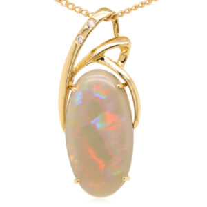 Red and Blue Yellow Gold Solid Australian Semi Black Opal Necklace Pendant with Diamonds