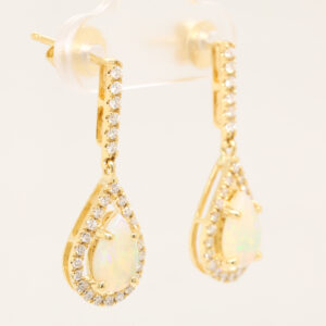 Blue Green Pink Yellow Gold Solid Australian Crystal Opal Diamond Drop Earrings