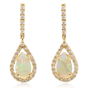 Blue Green Pink Yellow Gold Solid Australian Crystal Opal Diamond Drop Earrings