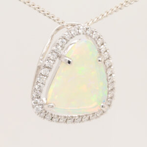 Blue, Green, Orange White Gold Solid Australian Crystal Opal and Diamond Pendant Necklace