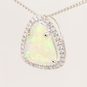 Blue, Green, Orange White Gold Solid Australian Crystal Opal and Diamond Pendant Necklace
