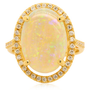 Blue, Orange and Green Yellow Gold Solid Australian Crystal Opal Engagement Ring with Diamonds