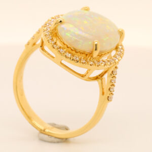Blue, Orange and Green Yellow Gold Solid Australian Crystal Opal Engagement Ring with Diamonds