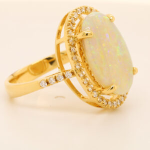 Blue, Orange and Green Yellow Gold Solid Australian Crystal Opal Engagement Ring with Diamonds