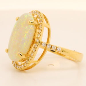 Blue, Orange and Green Yellow Gold Solid Australian Crystal Opal Ring Engagement with Diamond Accents