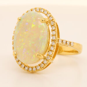 Blue, Orange and Green Yellow Gold Solid Australian Crystal Opal Ring Engagement with Diamond Accents