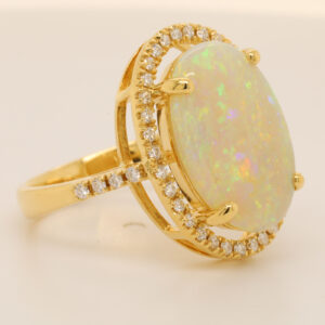 Blue, Orange and Green Yellow Gold Solid Australian Crystal Opal Ring Engagement with Diamond Accents