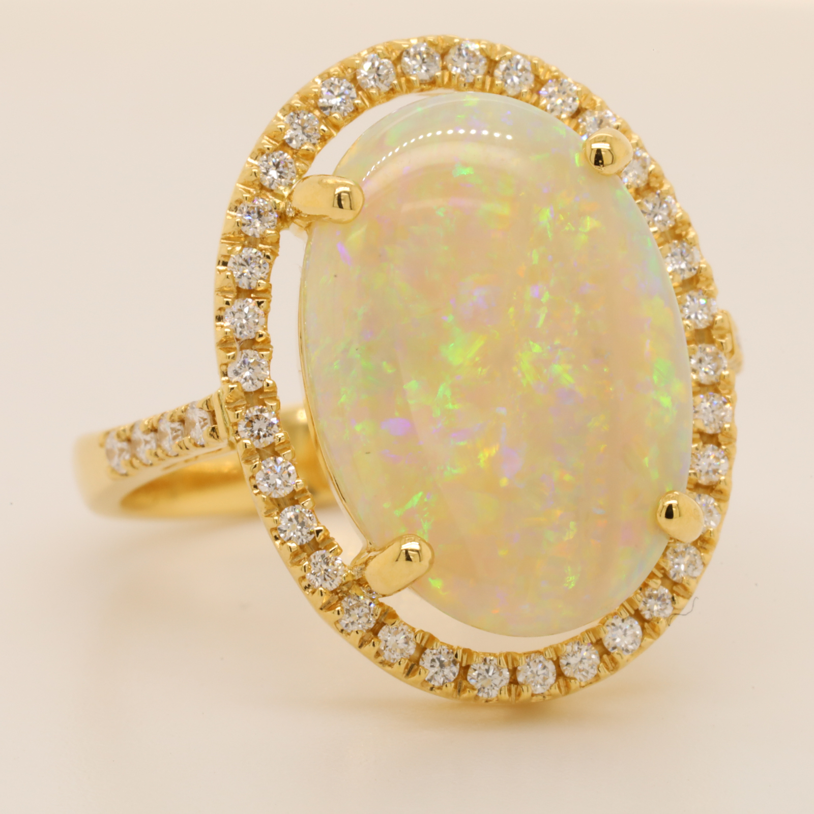Blue, Orange and Green Yellow Gold Solid Australian Crystal Opal Engagement Ring with Diamonds