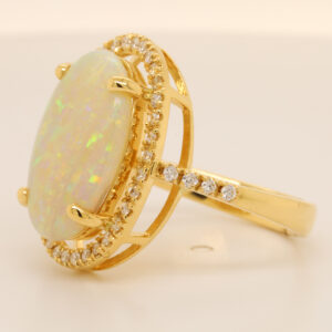 Blue, Orange and Green Yellow Gold Solid Australian Crystal Opal Engagement Ring with Diamonds