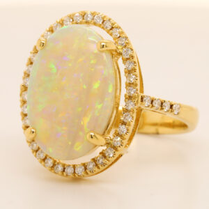 Blue, Orange and Green Yellow Gold Solid Australian Crystal Opal Ring Engagement with Diamond Accents