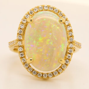 Blue, Orange and Green Yellow Gold Solid Australian Crystal Opal Ring Engagement with Diamond Accents