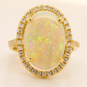 Blue, Orange and Green Yellow Gold Solid Australian Crystal Opal Ring Engagement with Diamond Accents