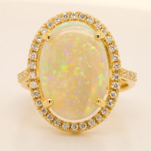 Blue, Orange and Green Yellow Gold Solid Australian Crystal Opal Ring Engagement with Diamond Accents