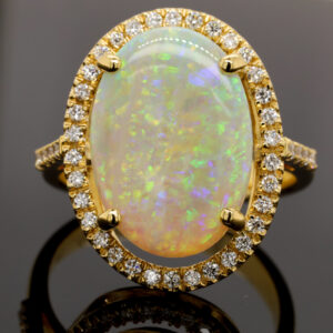 Blue, Orange and Green Yellow Gold Solid Australian Crystal Opal Ring Engagement with Diamond Accents