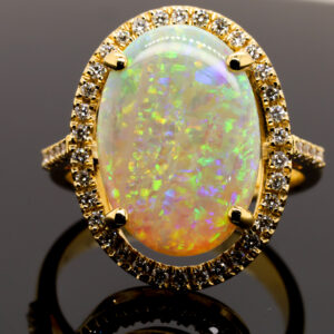 Blue, Orange and Green Yellow Gold Solid Australian Crystal Opal Engagement Ring with Diamonds