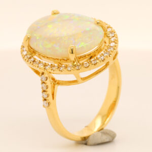 Blue, Orange and Green Yellow Gold Solid Australian Crystal Opal Engagement Ring with Diamonds