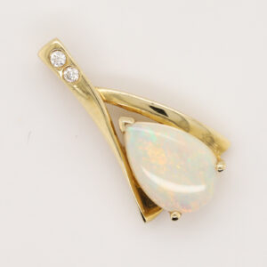 Blue Green Pink Yellow Gold Solid Australian Crystal Opal Pendant with Diamonds