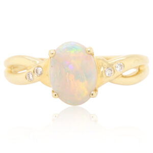 Blue, Pink and Green Yellow Gold Solid Australian Crystal Opal Ring Engagement with Diamond Accents