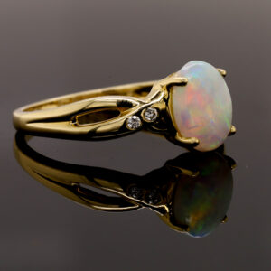 Blue, Pink and Green Yellow Gold Solid Australian Crystal Opal Ring Engagement with Diamond Accents