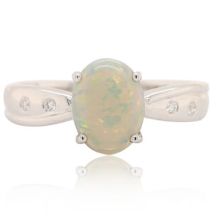 Blue Orange and Green White Gold Solid Australian Crystal Opal Engagement Ring with Diamonds