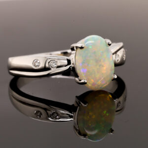 Blue Orange and Green White Gold Solid Australian Crystal Opal Engagement Ring with Diamonds