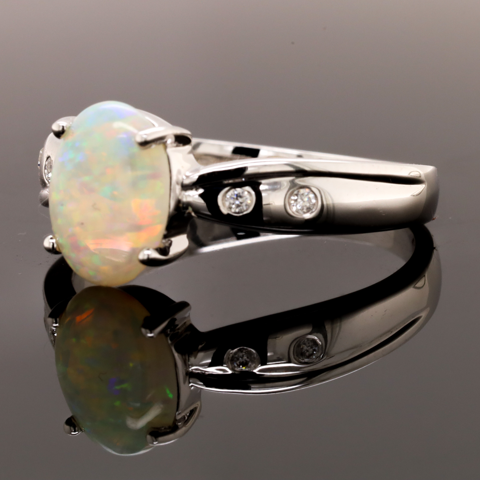 Blue Orange and Green White Gold Solid Australian Crystal Opal Engagement Ring with Diamonds