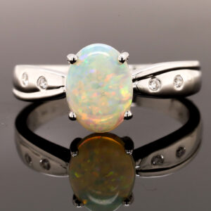 Blue Orange and Green White Gold Solid Australian Crystal Opal Engagement Ring with Diamonds