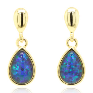 Green Blue Gold Plated Sterling Silver Australian Triplet Opal Drop Earrings