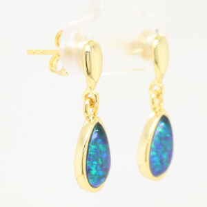 Green Blue Gold Plated Sterling Silver Australian Triplet Opal Drop Earrings