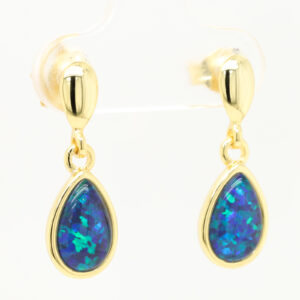 Green Blue Gold Plated Sterling Silver Australian Triplet Opal Drop Earrings