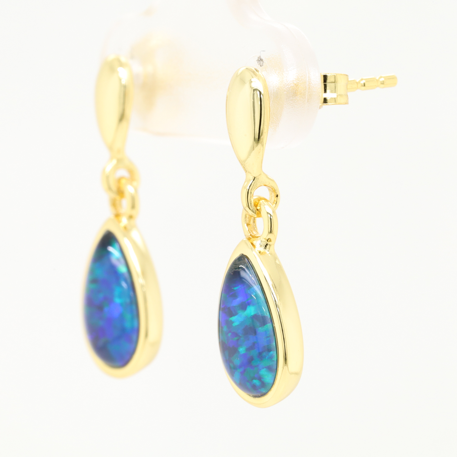 Green Blue Gold Plated Sterling Silver Australian Triplet Opal Drop Earrings