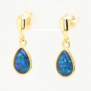 Green Blue Gold Plated Sterling Silver Australian Triplet Opal Drop Earrings