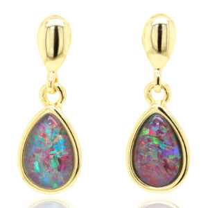 Red Blue Gold Plated Sterling Silver Australian Triplet Opal Drop Earrings