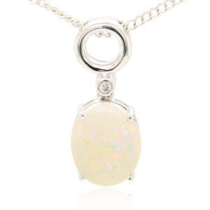 White Gold Blue Orange Green Solid Australian Crystal Opal Necklace Diamond Pendant