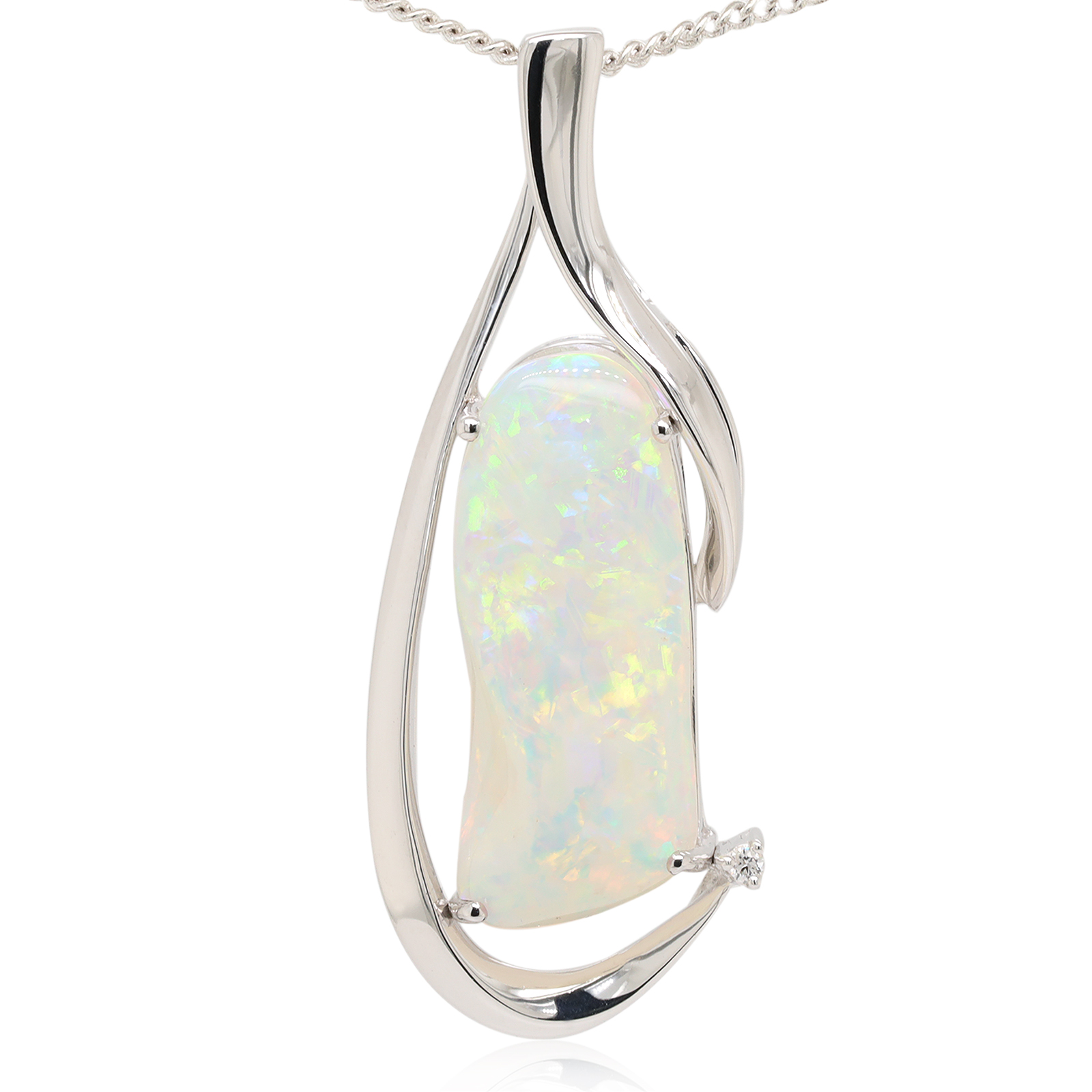 White Gold Blue Orange Green Solid Australian Crystal Opal Diamond Necklace Pendant